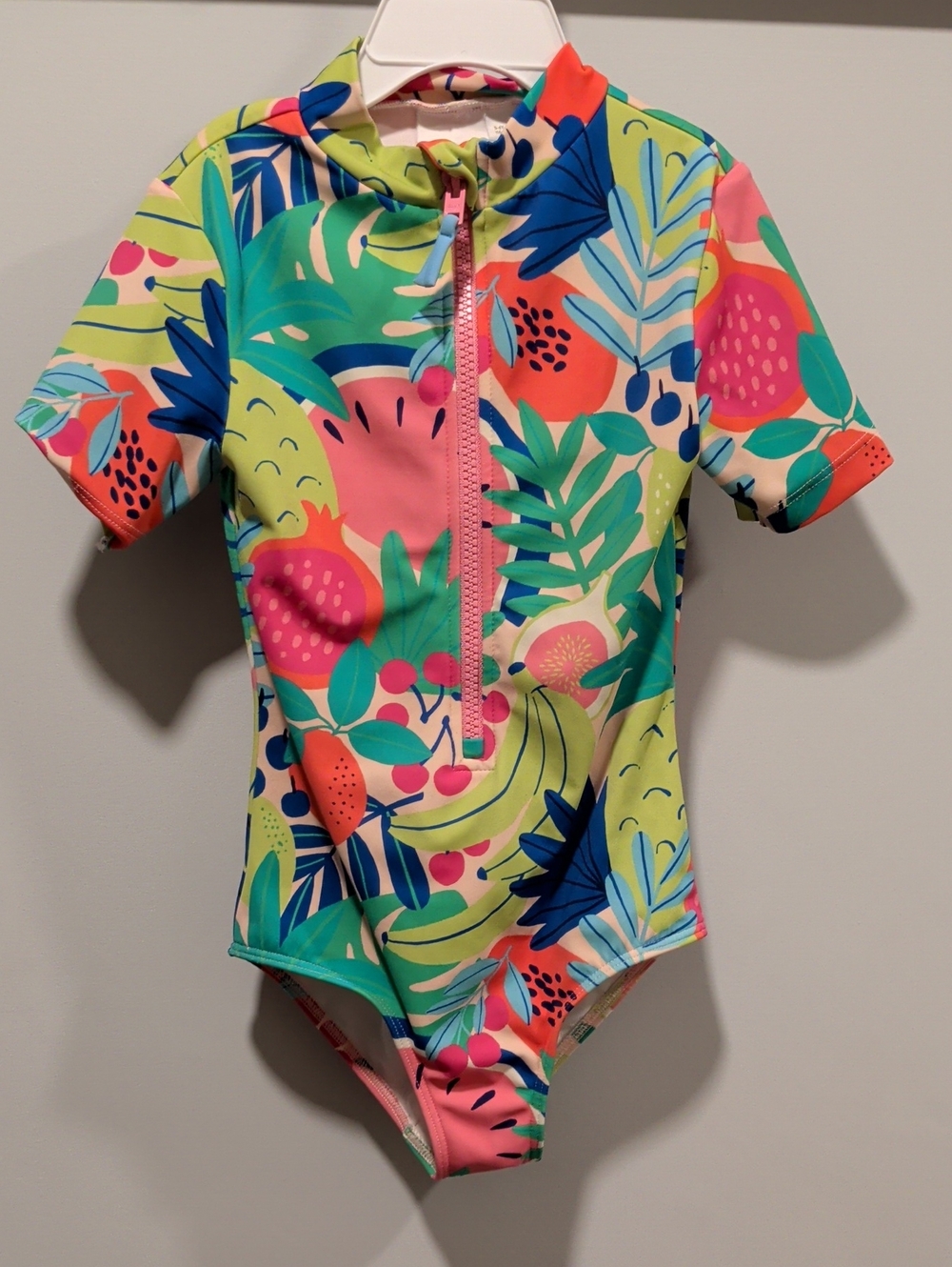 Mini Boden Short-Sleeve Rashguard Swimsuit in Pink, Green, Blue